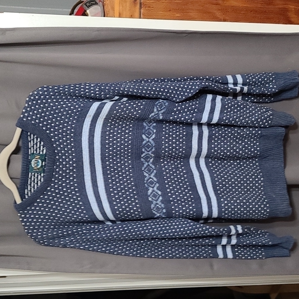 VTG Jantzen Mens Sweater‎ Crew Neck Shades Of Blue White USA Sz L EUC